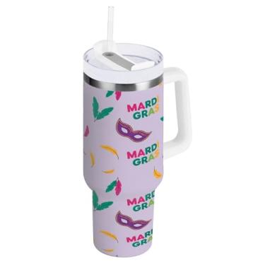 Imagem de Blueangle Copo térmico de penas de carnaval de 850 g com alça e tampa de palha, caneca de viagem reutilizável de aço inoxidável (639)