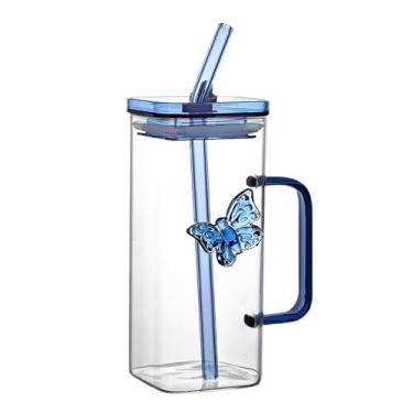 Imagem de Tomotato Copo de vidro quadrado com canudo, copo de vidro quadrado de 400 ml com alça, garrafa de água transparente portátil com tampa para urso, coquetel, suco, café, chá, leite