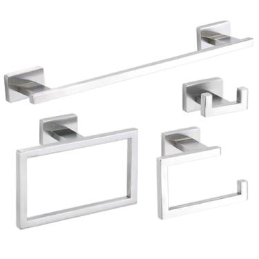 Imagem de Conjunto de ferragens de banheiro prata ouro preto suporte de toalha de aço inoxidável suporte de papel rolo anel de toalha gancho de roupão acessórios de banheiro, gancho preto (conjunto prata 4