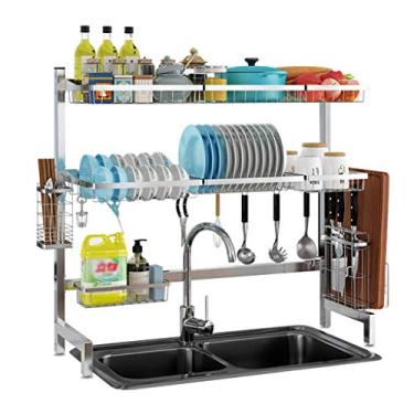 Imagem de Escorredor de pratos de aço inoxidável de 2 níveis para pia de cozinha, escorredor, talheres, filtro de água, organizador de utensílios de mesa, 4 tamanhos - prata/preto (prata 95 x 28 x 82 cm)