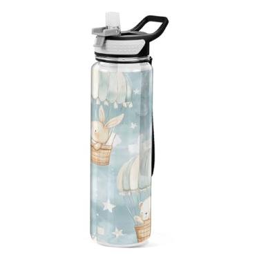 Imagem de xigua Bears in Hot Air Balloons, garrafa de água com tampa de palha, garrafas de água transparentes à prova de vazamentos para esportes ao ar livre, beber fitness, treino, viagem, 940 ml