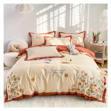 Imagem de x3anggyt5 Conjunto de 4 capas de edredom florais bordadas de algodão (colcha macia com fecho de zíper e laços de canto, laranja e azul) (laranja, lençol de cama de 2 m -220 x 240 cm)