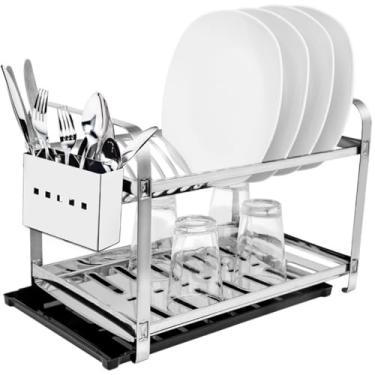 Imagem de Escorredor em Aço Inox idável 16 Pratos com Porta Talheres e Bandeja Coletora 2 Andares Inox Mantenha A Cozinha Limpa E Higienizada Economize Espaço