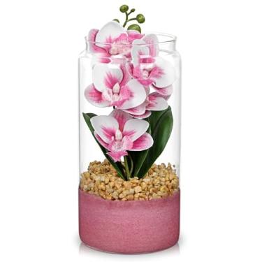 Imagem de Orquídeas rosa flores artificiais com vaso, pequeno arranjo de orquídeas falsas, planta de orquídeas falsas em jarro de terrário, peças centrais de orquídeas rosa pequenas para cozinha, sala de jantar