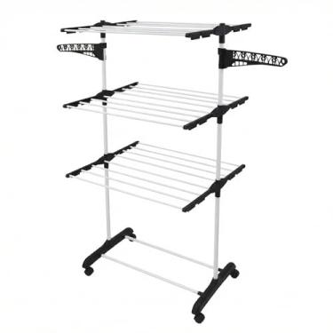 Imagem de Varal de Chão 3 Andares Dobrável Portátil - Organizador de Roupas com Rodinhas e Suporte para Cabides (BRANCO COM PRETO)