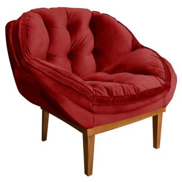 Imagem de Poltrona Decorativa Veludo Vermelho Base Madeira Castanho