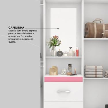 Imagem de Guarda Roupa Solteiro 4 Portas Com Espelho E 2 Gavetas Loanda Branco-rosa-branco Branco