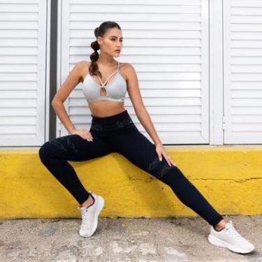 Imagem de Calça Legging Feminina Preta Detalhes Tecido Refletivo Frente-Feminino
