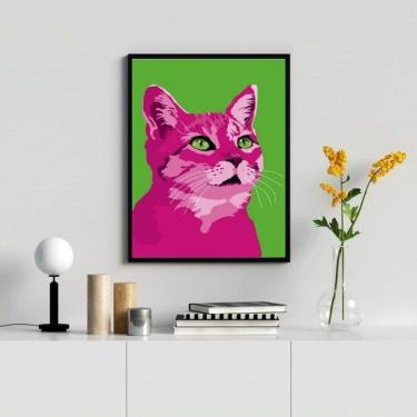 Imagem de Quadro Gato Rosa Pop Art 45x34cm - Vidro e Moldura Preta