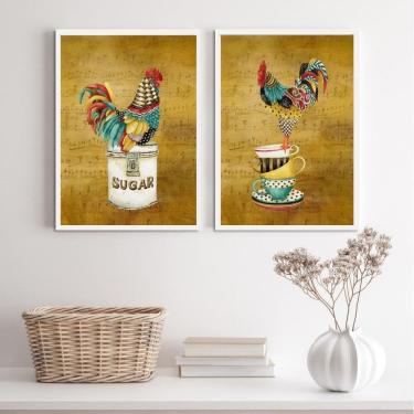Imagem de Quadros Cozinha Galos Country 33x24cm - Vidro e Moldura Branca