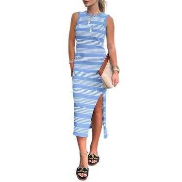 Imagem de Vestido PRETTYGARDEN Midi sin mangas a rayas grandes azul y blanco
