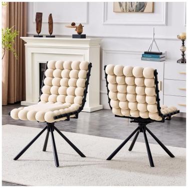 Imagem de Cadeiras giratórias TesNus kit com 2 cadeiras estofadas em veludo bege, assento bubble giratório com pés metálicos