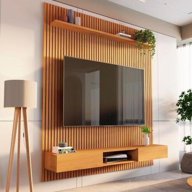 Imagem de Painel Ripado para TV até 72 Polegadas 100% MDF 185,5cmx250cm Nicho Aloe CabeCasa Madei...