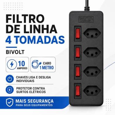 Imagem de Régua Filtro de linha com 4 tomadas 10 Amperes bivolt 110v 220v com di