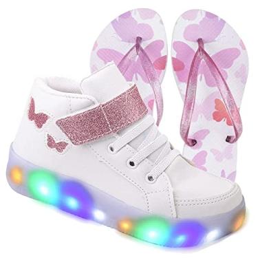 Imagem de Tenis Feminino Botinha De Led Tira Colante Borboleta Glitter Luzinha + Chinelo Cor:Branco;Tamanho:24
