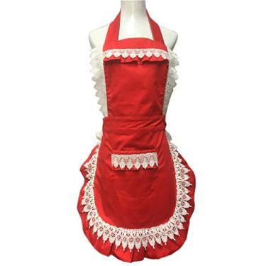 Imagem de Avental ajustável de renda adorável para cozinha e cozinha com bolso para presente, Vermelho, One size, 1