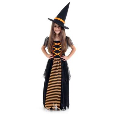 Imagem de Fantasia Bruxa Laranja Vestido Longo Infantil Com Chapéu - Halloween