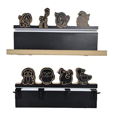 Imagem de Prateleiras Infantil Zoo Star com animais esculpidos madeira MDF Preta com contorno natural