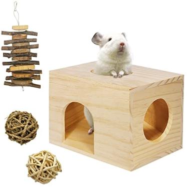 Imagem de Fhiny Porquinhos da Índia para animais de estimação Casa de Madeira Hilla Hideout Madeira Natural Múltiplas Portas de Mascar Animais Pequenos Brinquedos de Atividade Molar Hamsters Gaiola de Habitat p