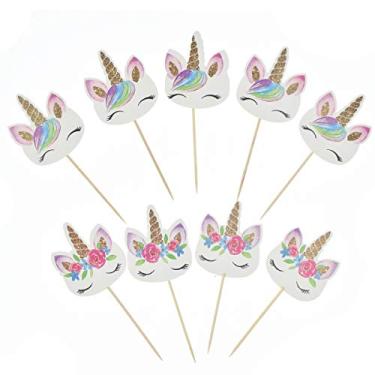 Imagem de TKMOS Pacote com 72 topos de cupcake de unicórnio arco-íris, topo de cupcake de unicórnio dupla face, glitter Pegasus para festa de cupcake, decoração de casamento