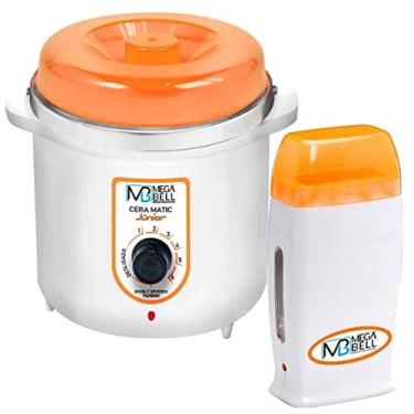 Imagem de Kit Depilação Termocera 400gr Sem Refil Branca Com Laranja + Aquecedor de Cera Roll-on Laranja Mega Bell