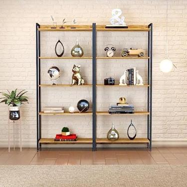 Imagem de Conjunto 2 Estantes para Livros Altas Industrial Aço 5 Prateleiras 187x80cm Active Yescasa Carvalho