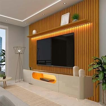 Imagem de Rack Nobre Pés Vidro Com Painel Ripado Nobre Tv 85 Pol 230x250 Gelius Naturale/off White