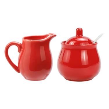 Imagem de Conjunto de creme e açúcar colorido de cerâmica com colher de tampa, conjunto para servir café