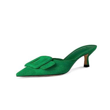 Imagem de Pantufas Fericzot Mule para mulheres, salto gatinha bico fino com fivela deslizante sapatos sandálias de costas nuas, Verde, 10.5