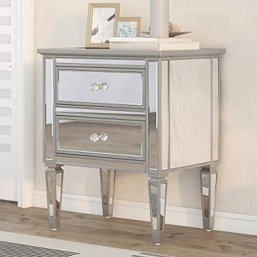 Imagem de Mesa de cabeceira espelhada elegante mid-moderna, mesa de canto de madeira com 2 gavetas, mesa lateral com acabamento prateado para sala de estar e quarto, prata 61 x 46 x 72 cm