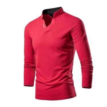 Imagem de BAFlo Camiseta masculina de manga comprida, cor lisa, gola alta, caimento solto, Vermelho, M
