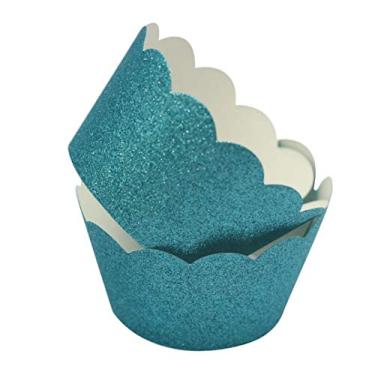 Imagem de Forro de cupcake de papel recortado com glitter azul petróleo Mybbbath para decoração de mesa de casamento de despedida de solteira pacote com 24
