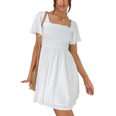 Imagem de IYICLOTH Vestido feminino casual de verão manga esvoaçante gola quadrada vestido rodado 2024 vestido de verão curto moderno, Branco, P
