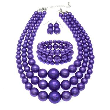 Imagem de JNF Conjunto de colar e brinco de pérolas grandes com vários fios de pérolas bijuterias de fantasia colares de pérolas grossas para mulheres, Pérola sintética, Sem Pedra Preciosa