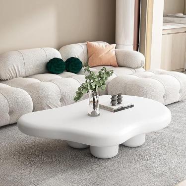 Imagem de Mesa de centro em forma de nuvem de madeira maciça, mesa de centro de desenho animado Mesa de centro interna creme branco desenho animado estilo bonito mesa de centro moderna para quarto móv