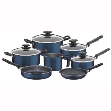 Imagem de Conjunto de Panelas 7 Peças Tramontina Bergamo com Antiaderente Starflon T1, Tampas de Vidro Temperado e Cabos de Baquelite - Azul