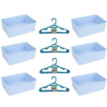 Imagem de Kit 6 Cestos Multiuso Decorativo e 20 Cabides Infantis Azul - 123 Orga
