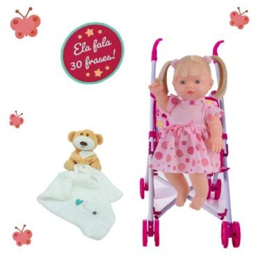 Imagem de Kit Boneca Bebê Elisi Loira + Nana Pelúcia Urso e Carrinho - Adijomar