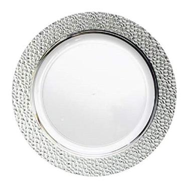Imagem de Pratos de jantar de plástico transparente com borda prateada - 22,86 cm | Coleção martelada | Pacote com 10