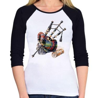 Imagem de Baby Look Raglan Gaita de Foles Manga 3/4 - Foca na Moda, Branco, Pret