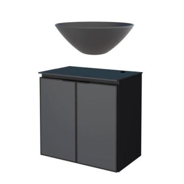 Imagem de Gabinete Para Banheiro Preto Aço Umbu Tampo Vidro Com Cuba Cuia Preta 