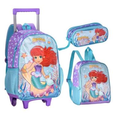 Imagem de Kit Mochila Escolar de Rodinhas Lancheira Térmica e Estojo Sereia Meni