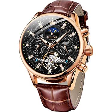 Imagem de OLEVS Relógio masculino de couro esqueleto automático mecânico turbilhão calendário fase da lua luminoso à prova d'água relógio de pulso luxuoso para negócios, Z: mostrador preto e couro marrom,