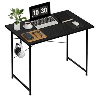 Imagem de HealSmart Computador de escritório doméstico pequena mesa preta, mesa de computador de design simples de madeira com gancho para fone de ouvido, 81 cm