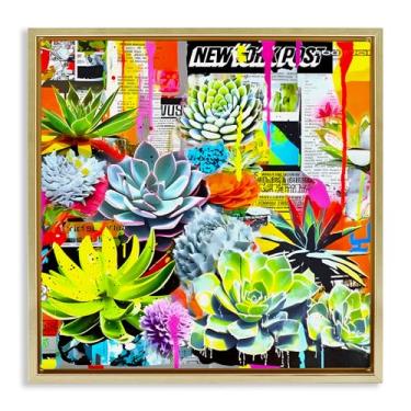 Imagem de Stupell Industries Arte de parede em tela flutuante emoldurada Urban Graffiti Succulents por Jess Stempel, moldura flutuante dourada, 45,7 x 45,7 cm