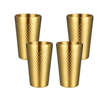 Imagem de Hayuhone Copos de aço inoxidável, pacote com 4, 425 g/450 ml, ouro, parede dupla, metal, empilhável, isolado, portátil, copos inquebráveis, à prova de estilhaçamento, para casa, restaurante, festa,