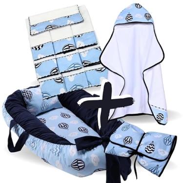 Imagem de Kit Completo Bebê – Toalha de Banho Forrada, Ninho Redutor de Berço, 6 Toalhas de Ombro e Trocador Portátil (Balão Azul)