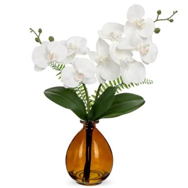 Imagem de Orquídeas brancas, flores artificiais, orquídeas falsas em vaso de vidro, toque real, pequenos arranjos de flores de orquídea Phalaenopsis com vaso de âmbar, peça central para mesa de sala de jantar