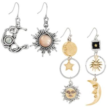 Imagem de SUBANG 2 pares de brincos vintage com pingente de sol, lua e estrela, hipoalergênicos, boêmios, assimétricos, vazados, joias abstratas, presentes para mulheres, Medium, Metal, Sem pedra preciosa