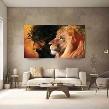 Imagem de Quadro De Parede Em Tela Grande Jesus Cristo E Leão De Judá Cor Preto Cor Da Armação Borda Infinita